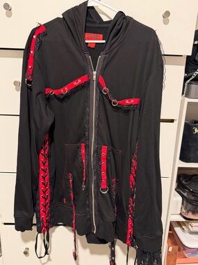 Tripp NYC Black Hoodie with Red Lace-Up & Ring Details